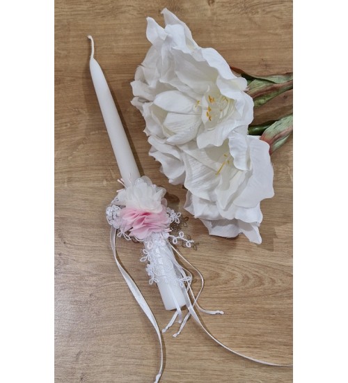 Krikšto žvakė su papuošimu 30 cm. Spalva balta / rožinė (24)